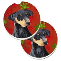 Carolines Treasures SC9417CARC Doberman Red and Green Snowflakes Holiday Christmas Set of 2 Cup Holder Car Coasters