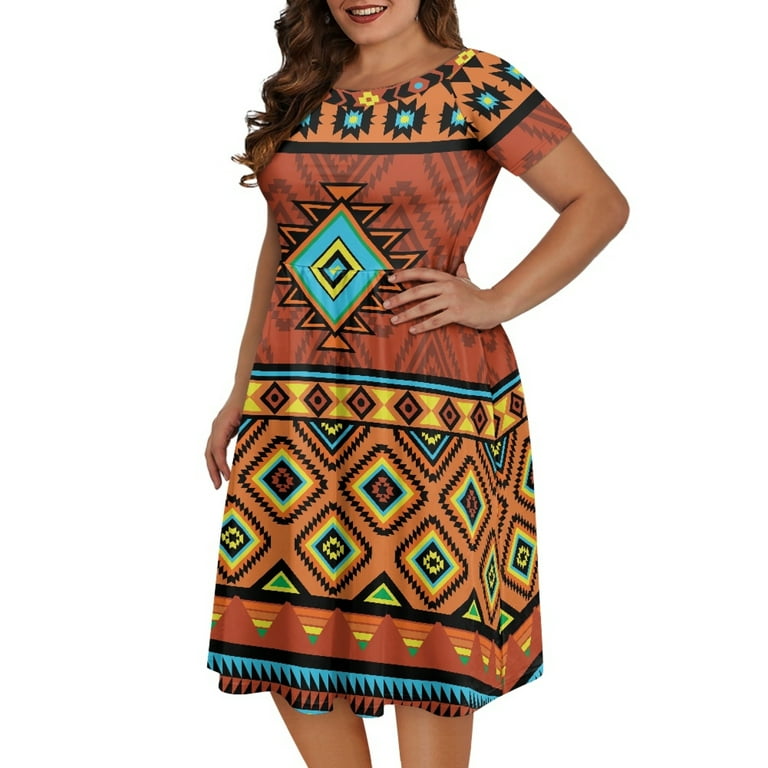 aztec skater dress Scrawlgod Aztec Tribal Geometric Dress for Women Plus Size M Summer Dresses with Sleeve Elastic Midi Skater Dress with Sleeves Crewneck for Vacations,