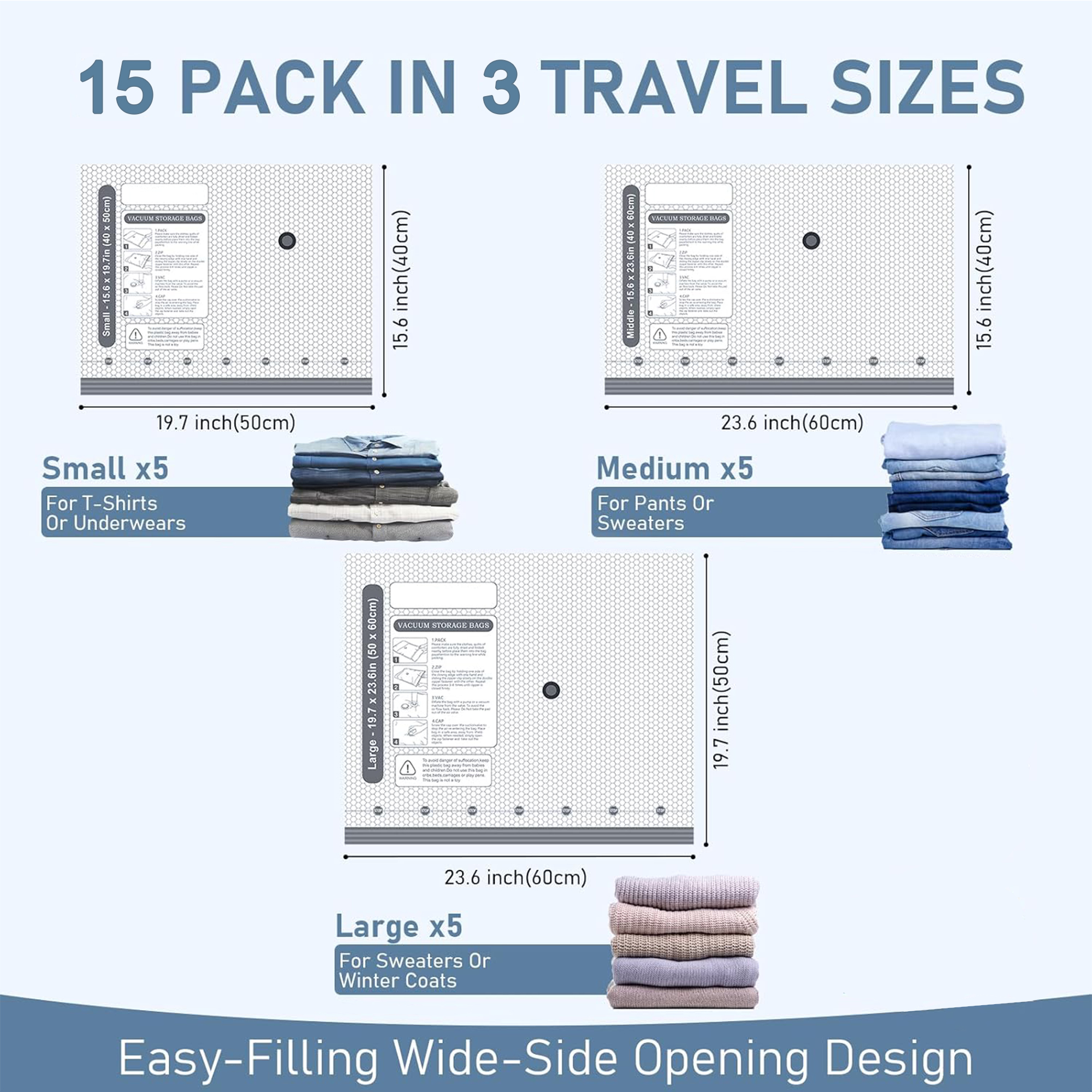 Vacuum Storage Bags with Electric Pump,15 Pack Travel Seal Bags for Luggage and Suitcase,5 Small/5 Medium/5 Large,Space Saver Compression Packing Bags for Clothing,Travel Lugggage,Blankets,Comforters