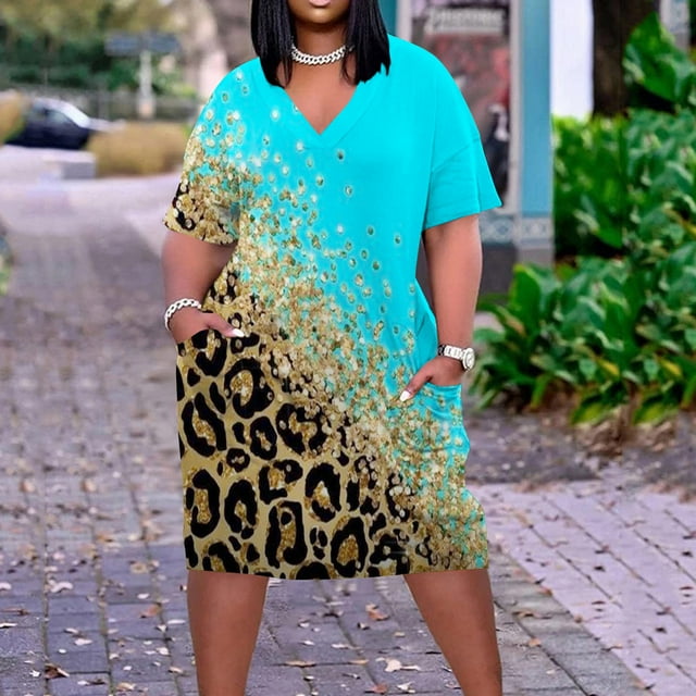 Jusqu'à 65 % de Rabais! Robes d'Été Mode pour Femmes 2024 Robe Grande Taille pour Col en V Robes d'Été Décontractées Poche Genou Manches Courtes avec Poches
