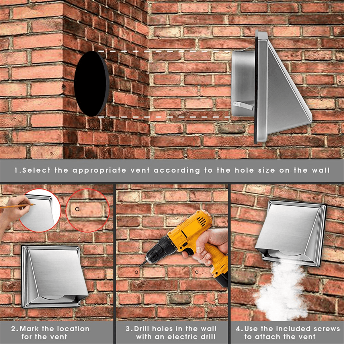 Symkmb 4-Inch External Extractor Wall Vent Outdoor Cushioned Non Return Flap Stainless steel Silver