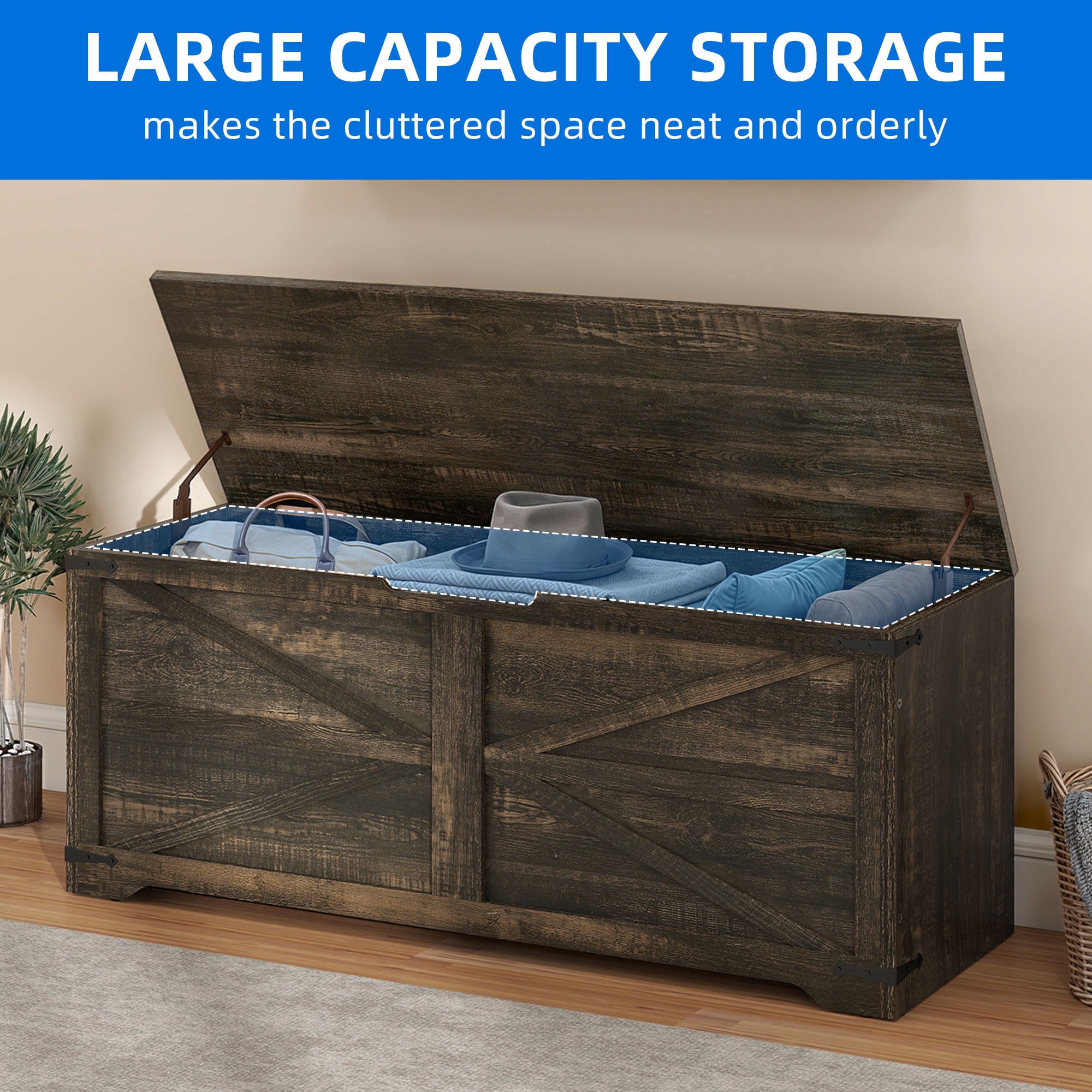 Uforic 47.2" Farmhouse Storage Bench with 2 Safety Hinges, Wooden Storage Chest with 2 Safety Hinges for Storage Organizer, Shoe Bench - Black Oak