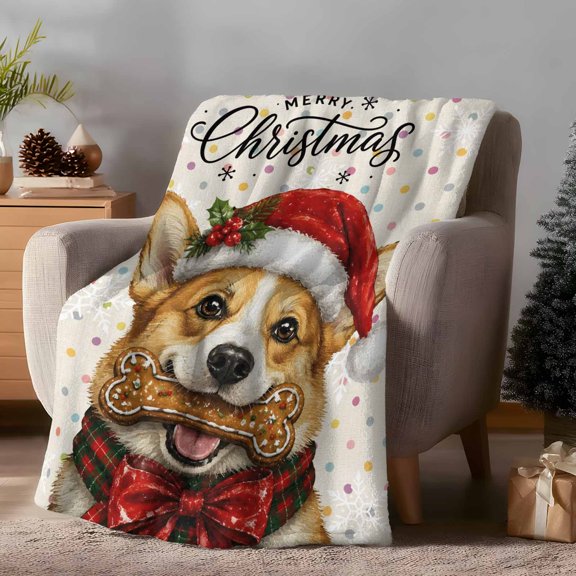 Merry Christmas Throw Flannel Blanket Winter Cute Dog Cookies Snowflake Colorful Dots Super Soft Cozy Bed Blanket, Lightweight Plush Fuzzy Bed Throw for Bedroom Sofa Couch Living Room 40x60In