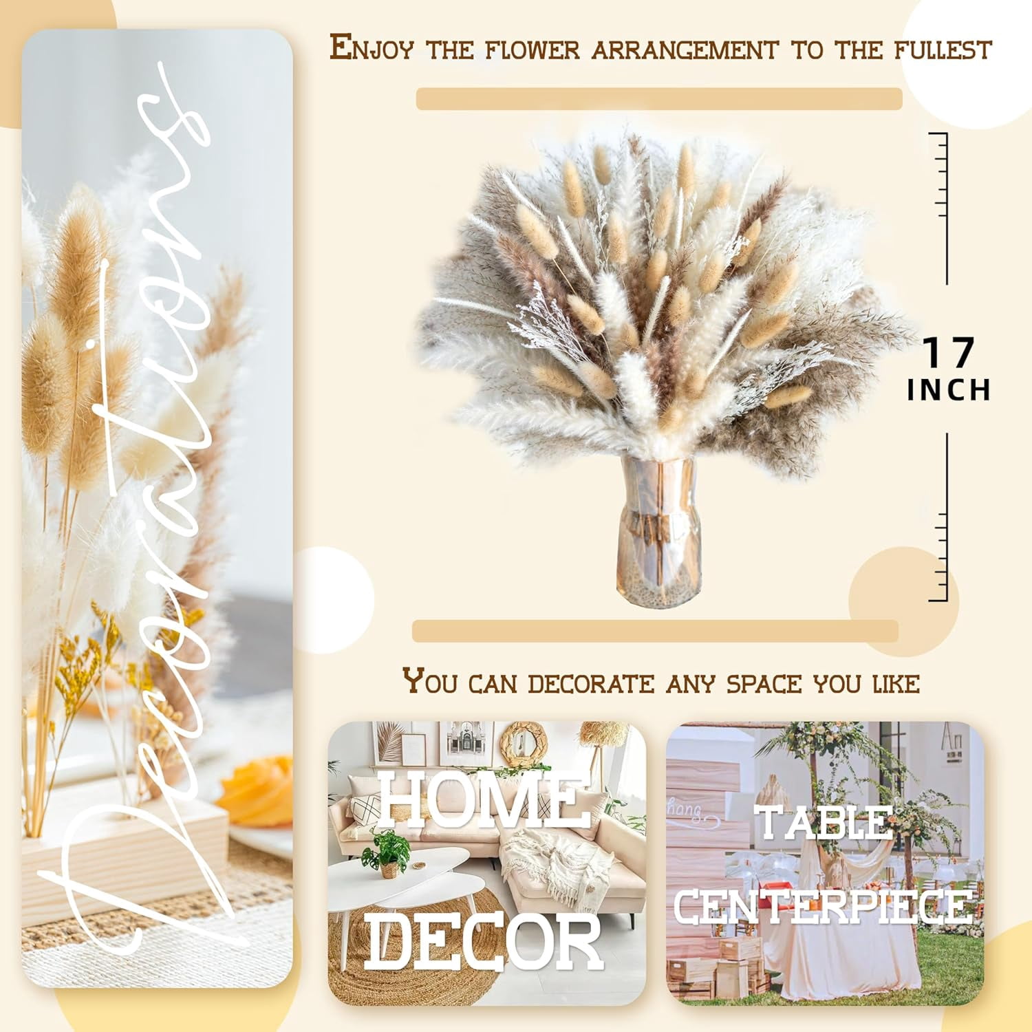 150PCS Natural Pampas Grass 8-Kind Mixed Bouquet | Dried Pampas Bouquet for Wedding, Boho Flowers, Home Table & Desk Decor, Rustic Farmhouse Decor