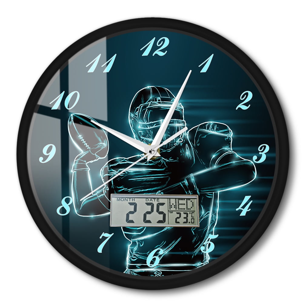 Neon Quarterback Throwing Football Wall Clock with Temperature Calendar Date Week LCD Display