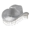 thumbnail image 4 of Zijinkuiwen Unisex Glitter Cowboy Hat with Fringe Rhinestone Tassel Chain Band Wide Brim for Western Themed Party Cosplay Country Music Festival Gathering,Silver,One Size, 4 of 4