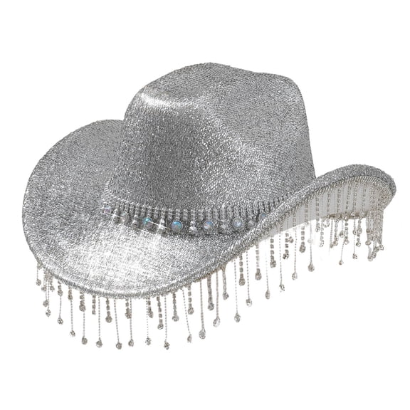 Fgnfyis Western Style Cowboy Hat with Sparkling 3D Gemstones and Rhinestone Fringes for Outdoor Events and Fashion Sun Silver One Size