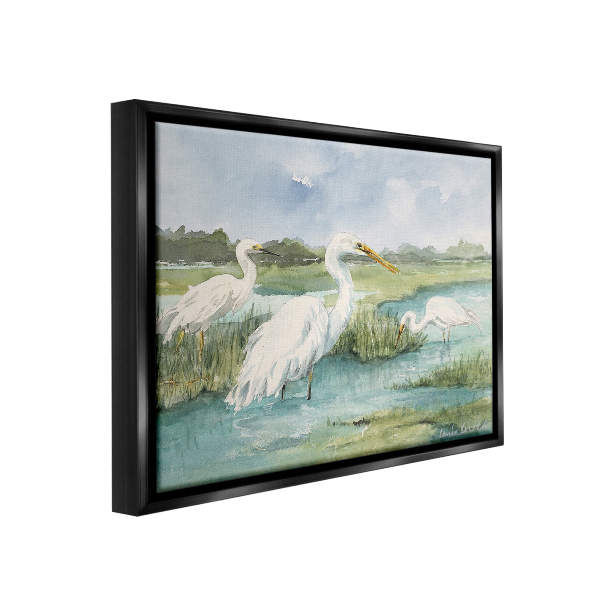 Stupell Industries Wild Egrets in Marshland Animals & Insects Painting Black Floater Framed Canvas Art Print Wall Art, 21 x 17