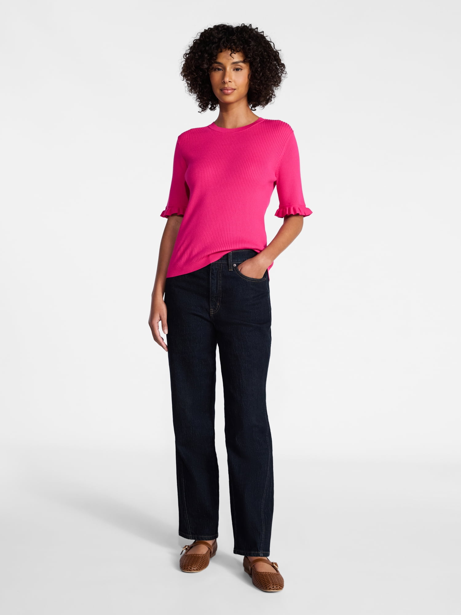 Time and Tru Women's Ribbed Sweater with Flounce Sleeves, Midweight, Sizes XS-XXXL
