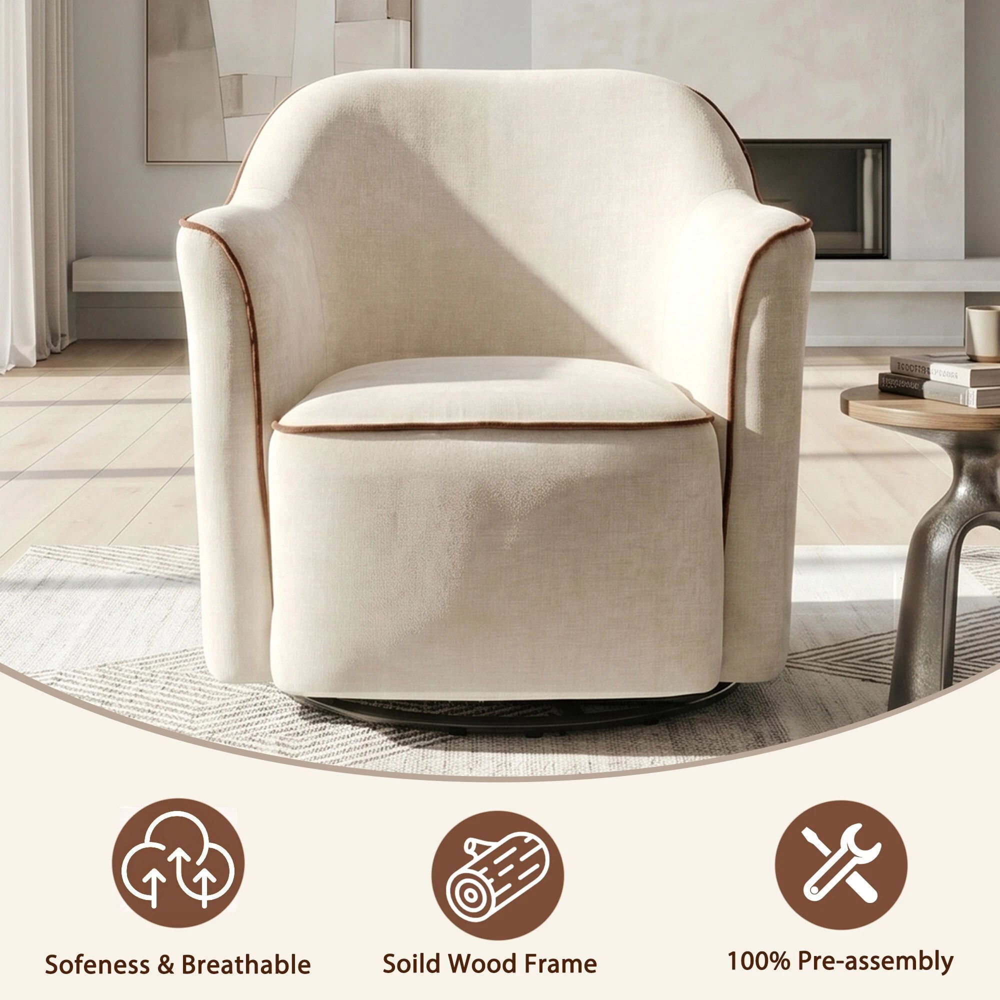 Euroco 360° Swivel Accent Chair, Chenille Upholstered Barrel Chair with Flared Arms, Modern Reading Armchair for Living Room, Bedroom and Office, Beige
