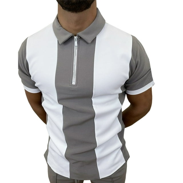HBFAGFB Half Zip Pullover Men Casual Lapel Short Sleeves Color Block Tops Work Shirts Grey Size S
