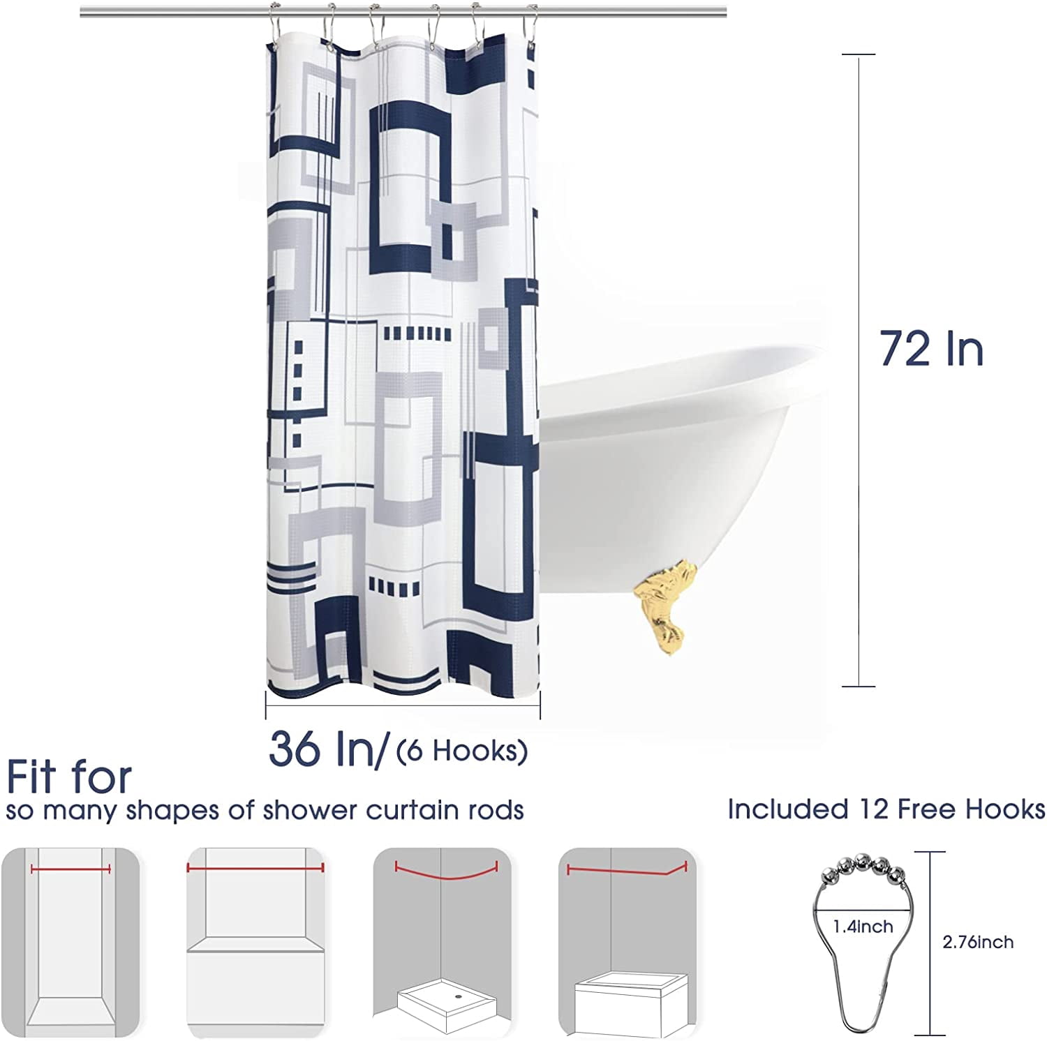 Blue Shower Curtain Shower Curtain Set for Bathroom Geometric Small Shower Curtain with Heavy Duty Water Repellent White Bathroom Curtain for Hotels Bathtubs, 36x72 inch