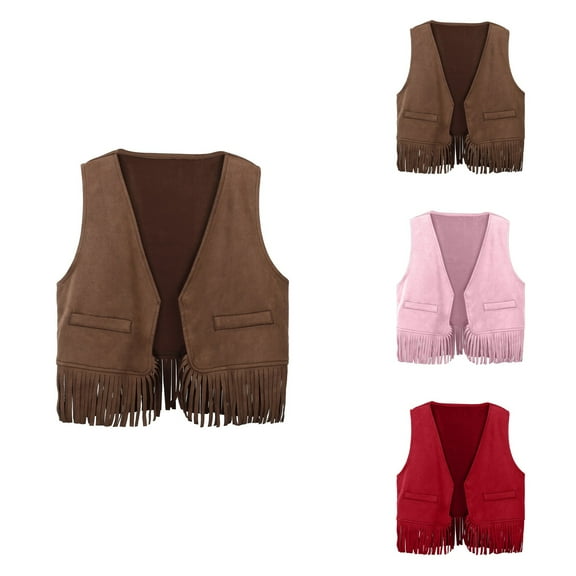Baby Boys Girls Western Cowboy Cowgirl Vest with Tassel Fringe, Open Front Suede Waistcoat Top for Halloween Party