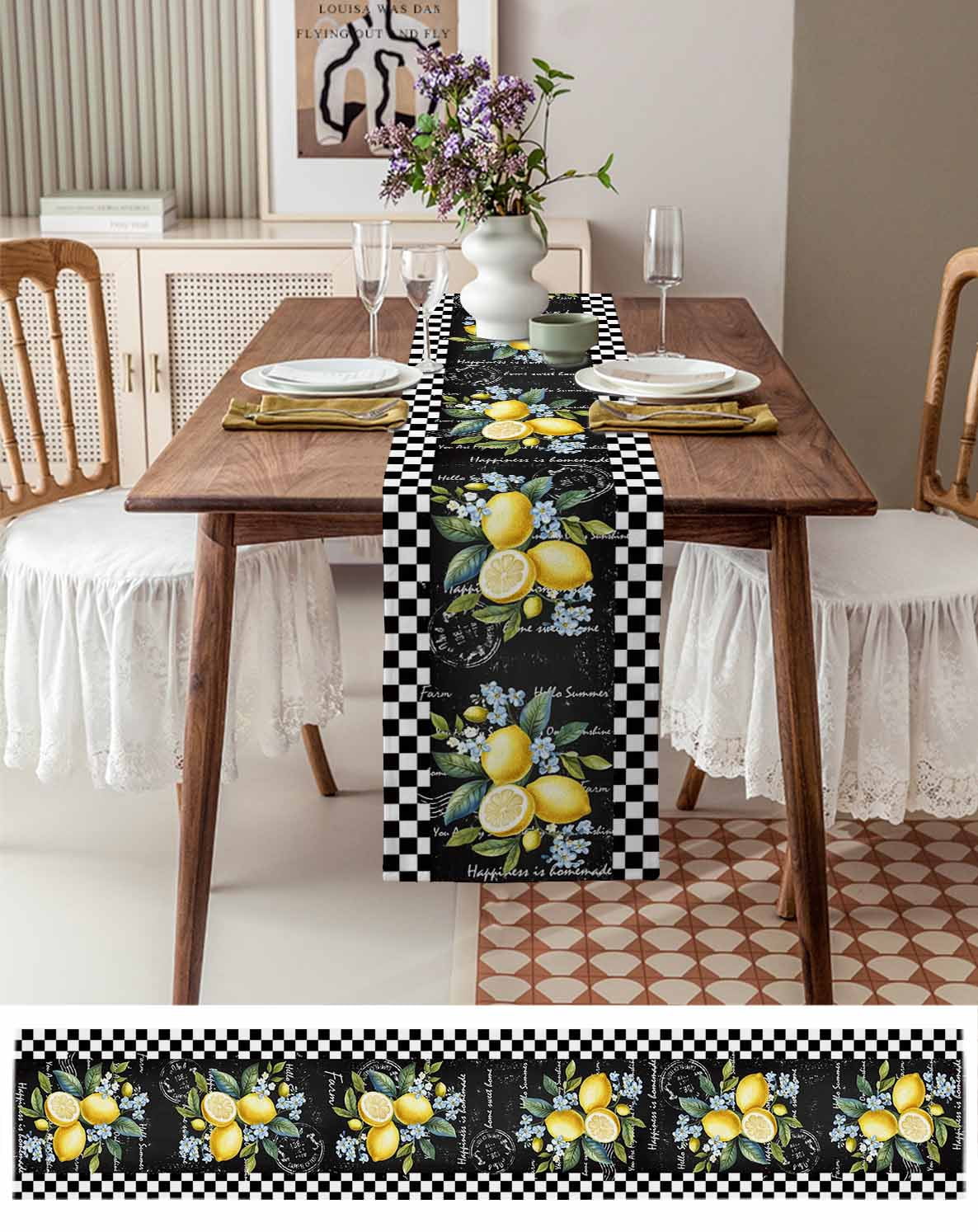 Summer Lemon Burlap Cotton Table Runner 13x90 Inches Long, Vintage Black Plaid Blue Spring Floral Farmhouse Table Runners, Outdoor Dining Tablecloths Decor for Baby Shower/Party/Wedding