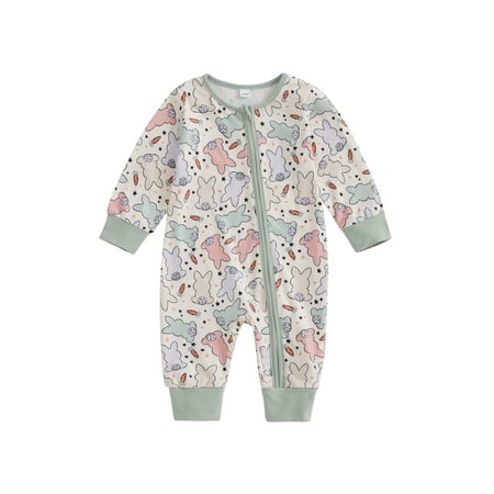 

Infant Baby Bunny Print Jumpsuit Newborn Long Sleeve Crew Neck Rabbit Print Fall Romper Easter Clothes for Boys Girls