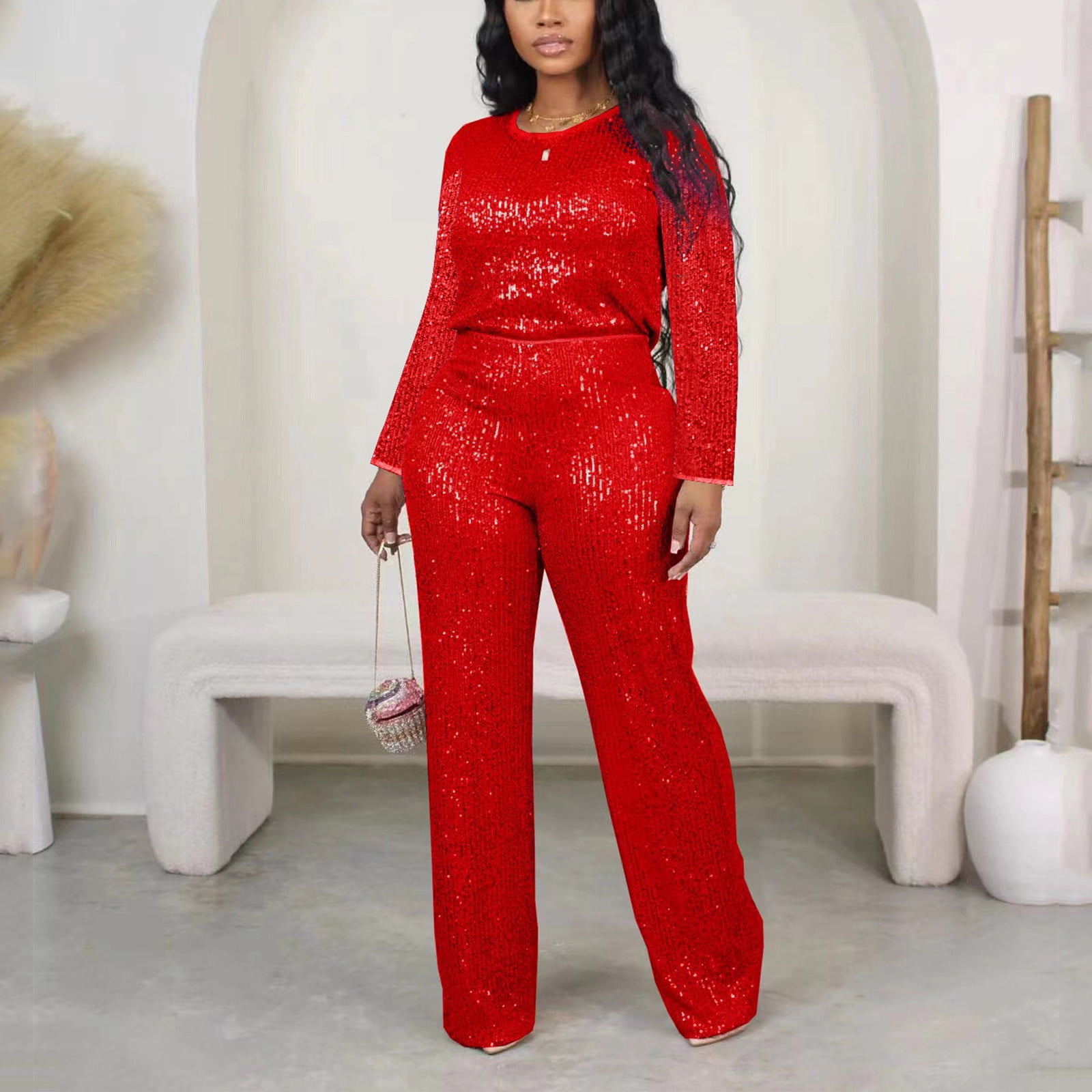 Fall Lounge Sets for Women 2 Piece Cotton Two Piece Sets for Women Shorts Vacation Women's Solid Color Sequin Fashion Suit Comfortable Casual Long Sleeve Pants Two-piece Set
