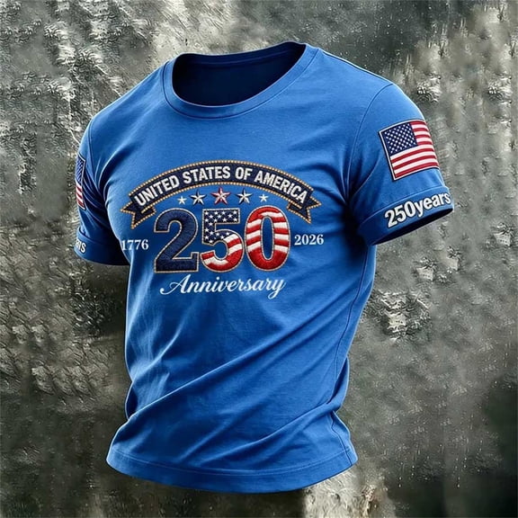 Men's Short Sleeve 250 Anniversary USA Shirt Mens American Flag T Shirt Crewneck Pullover Short Sleeve Patriotic Tops(Blue,S)
