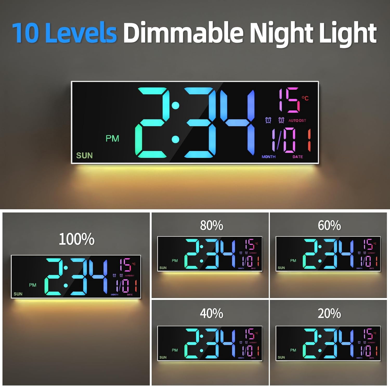 LEIKE Digital Wall Clock for Classroom Livingroom Game Home Decor with LED Display RGB Lights, BIuetooth Sync, Dual Alarms, Auto DST, Countdown, Remote Control, Temperature