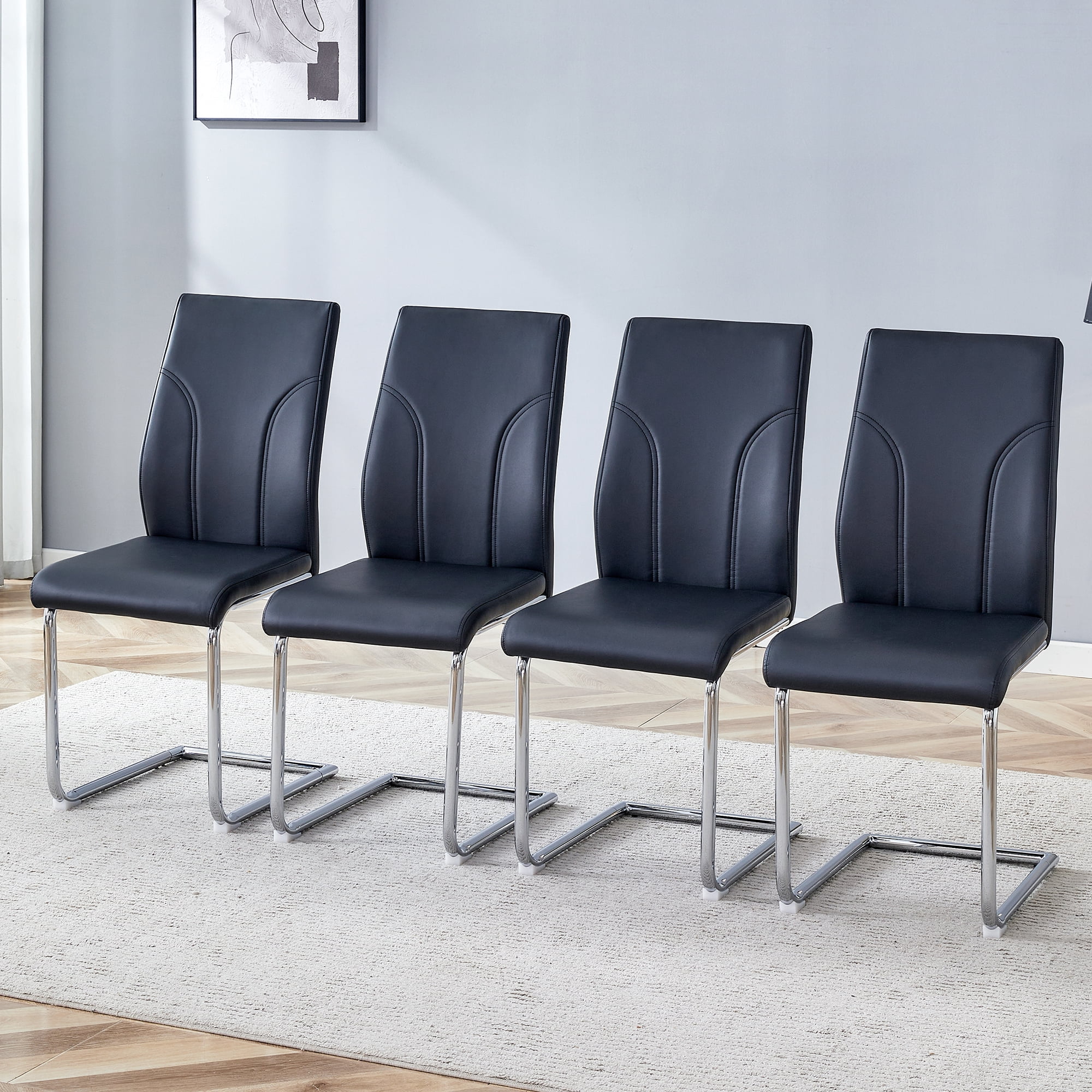 Black PU Dining Chairs Set of 4 with High Back and Sturdy Legs for Dining Room Kitchen Living Room