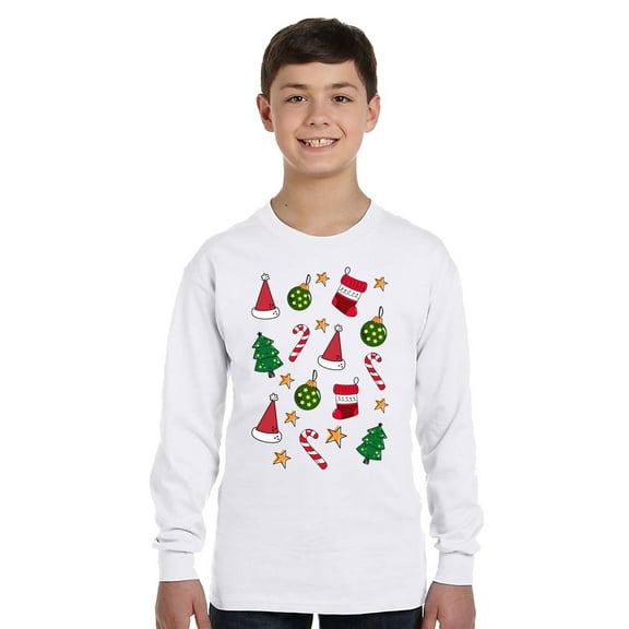 Christmas Tree Stocking Pattern Xmas Long Sleeve Shirts for Kids - Youth XS S M L XL - Merry Christmas Holiday Funny Xmas Tee for Boys for Girls