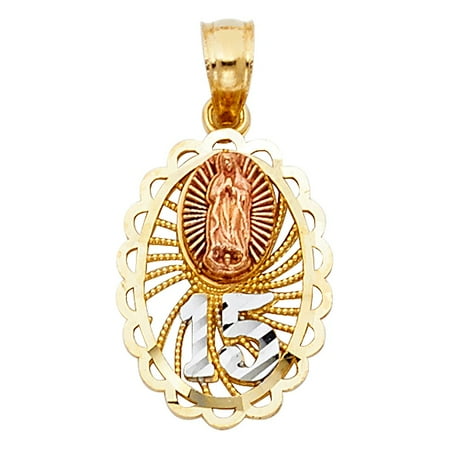 - Guadalupe Pear Shape Disc High Polish 15th Birthday Charm Quince Anos 14k Tri Colored Solid Gold 18mm Pendant Necklace Fine Gift Ideal