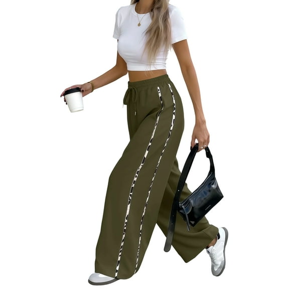Female Wide Leg Sweatpants High Waisted Baggy Sweat Pants Active Striped Track Pants with Pockets Green S