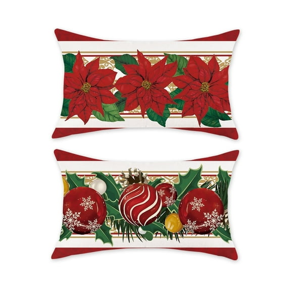 TAJWE Christmas Throw Pillow Covers Red Red Xmas Poinsettia and Ornaments Pillowcases Farmhouse Winter Holiday Decorative Cushion Cases for Sofa Couch Living Room Home Décor 12x20 Inches Set of 2