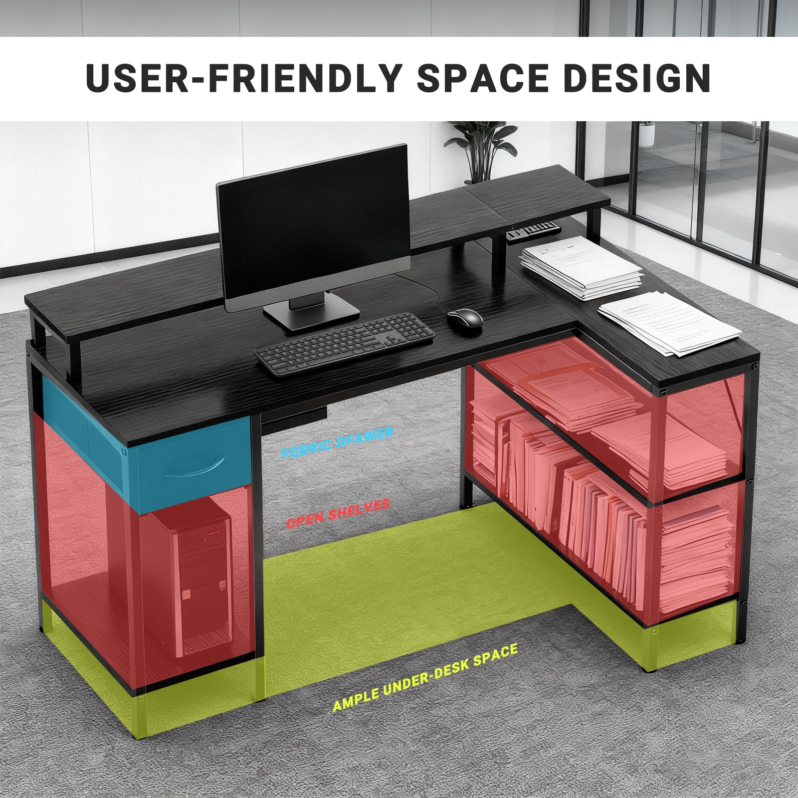 KPUY 53-Inch L Shaped Desk with USB Charging Port LED Light and Monitor Stand, Gaming Desk Home Office Desk for Home Office Dorm Sturdy Writing Workstation, Black