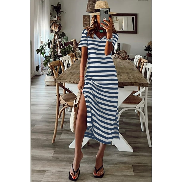 Blue stripe maxi dress sales