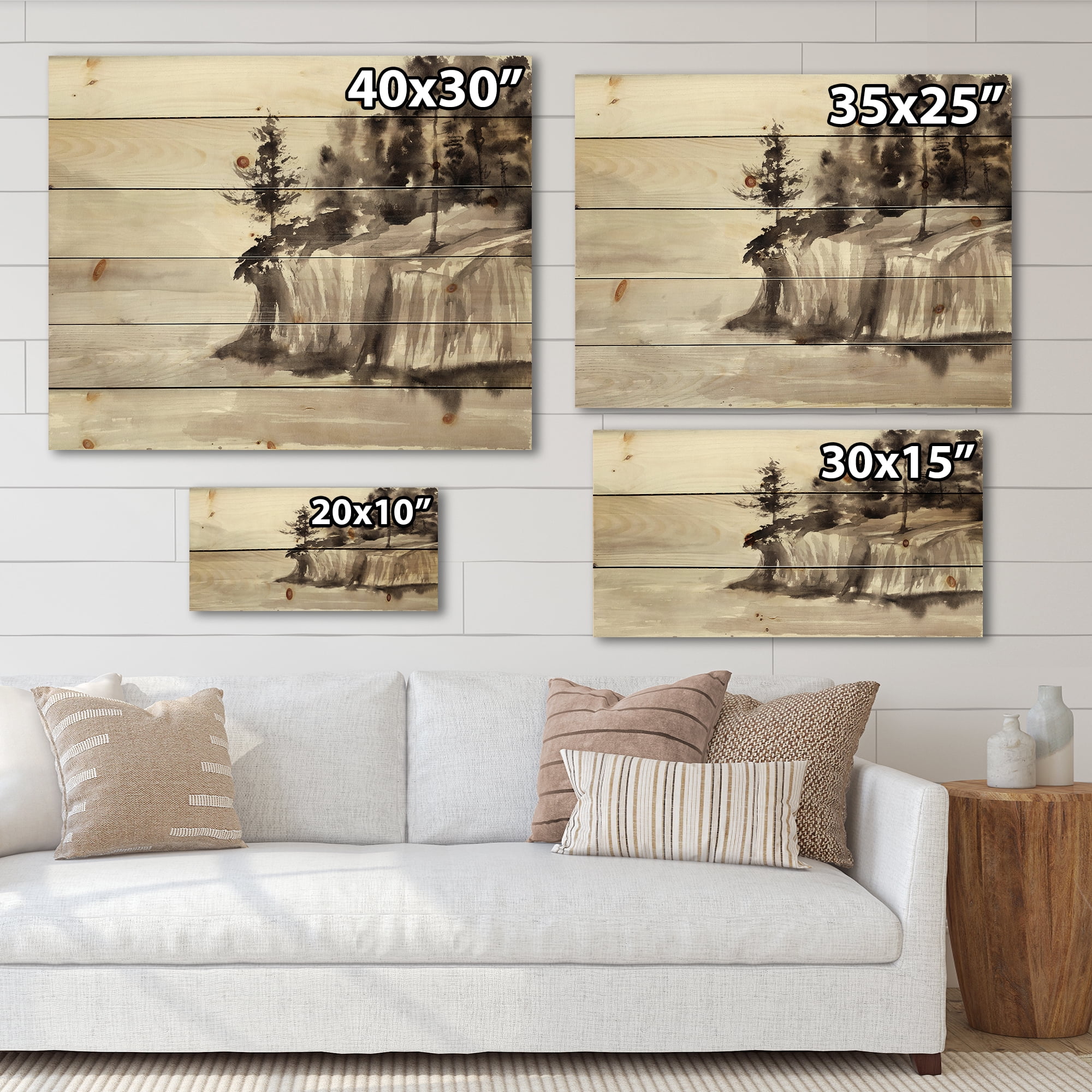 Designart 'Black & White Cliffs By The Lake' Nautical & Coastal Print on Natural Pine Wood