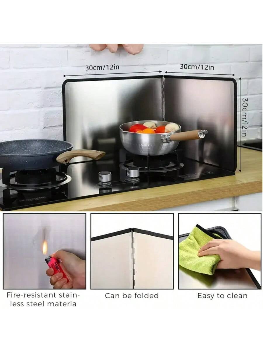 Stainless Steel Splash Guard for Stove Top Grease Shield, Foldable 2-Sided Oil Splatter Guard with Cooking Apron, Heat Resistant Oven & Induction Cooktop Shield