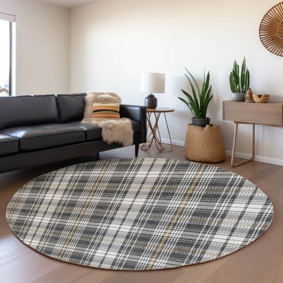 Addison Rugs Mayfield Premium Machine Washable Transitional Plaid Charcoal Round Rug, 8' x 8'