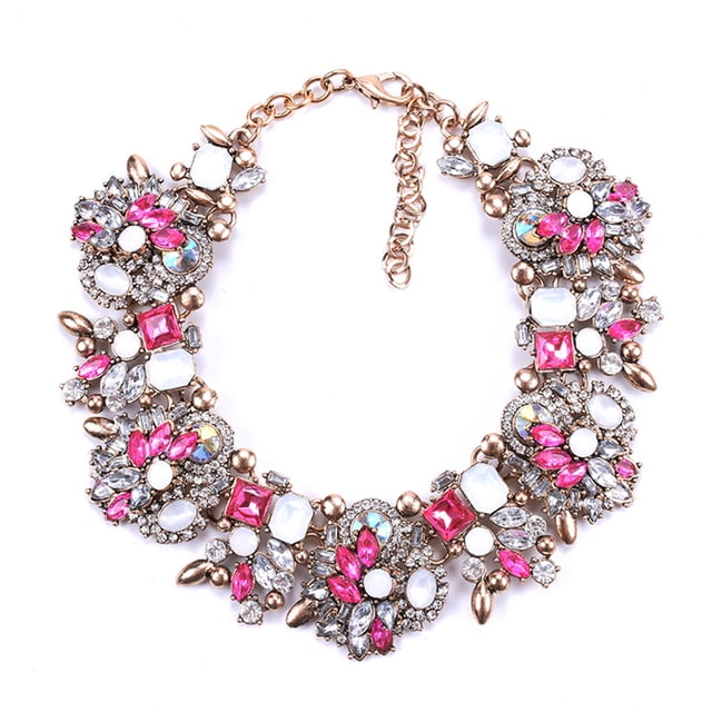 Youkk Alloy Rhinestone Bib Necklace Style With Sparkling Rhinestones Wide Applicable Occasions Rose red