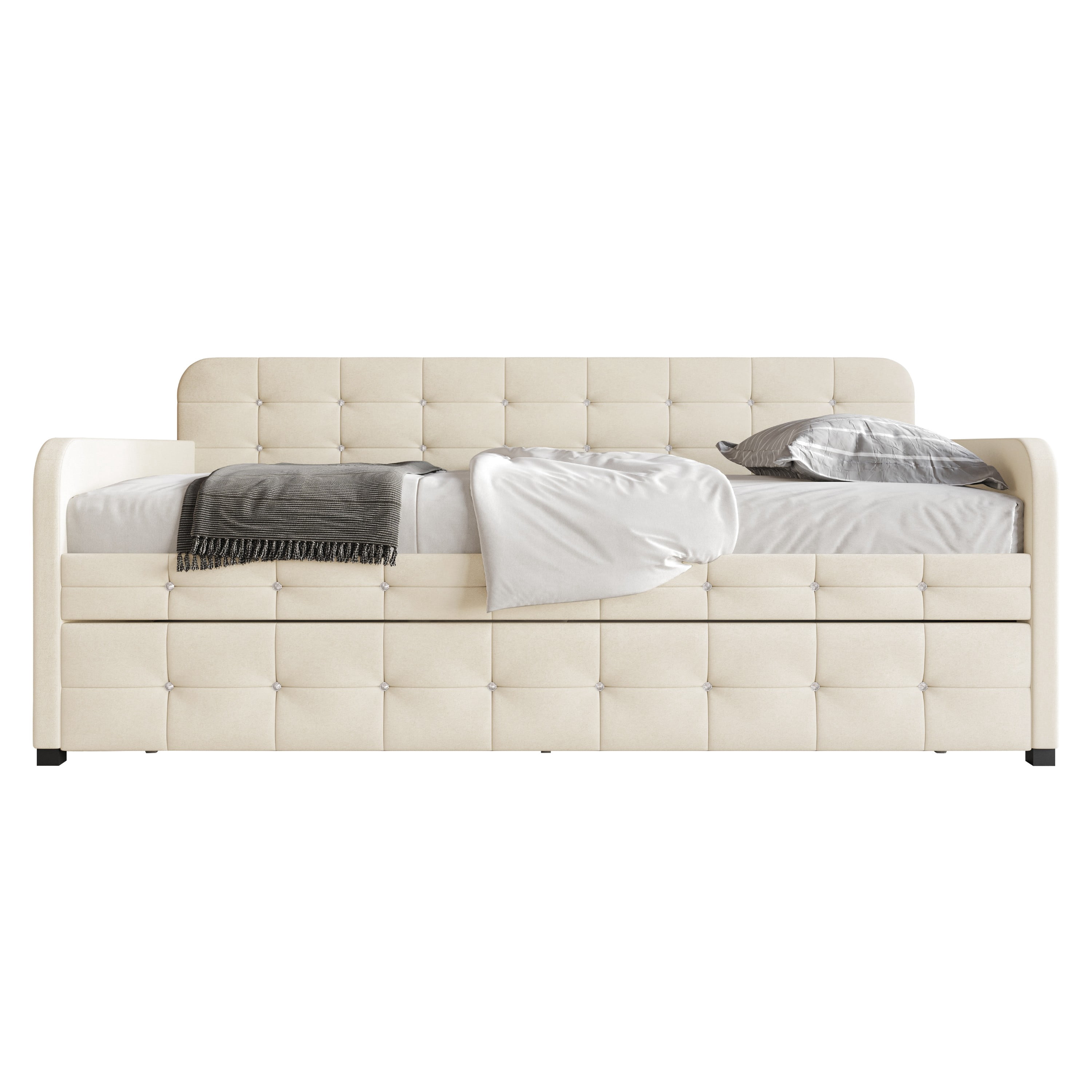Home Design Elyria Twin Daybed with Velvet Upholstery, Diamond Button Tufting, Rounded Arms, Pull-Out Trundle, Solid Wood Frame, Stylish Seating and Sleeping, Beige