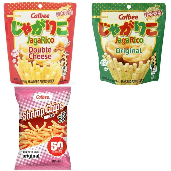 Calbee Shrimp Chip and Jagarico 3 Flavor Mix Bundle(Jagarico Double Cheese,Jagarico Original,Shrimp Original) Plus NineChef Brand Spoon