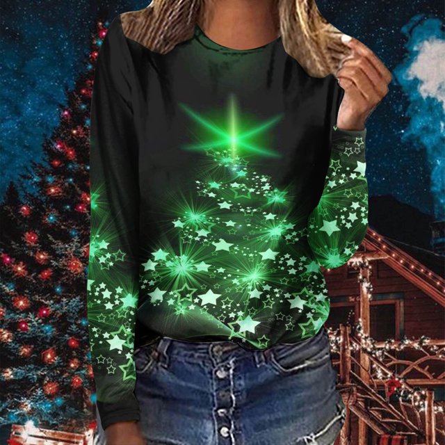 Puntoco Mujer Moda Suelta Manga Larga Cuello Redondo Blusa Navidad Impresión Camiseta tops Puntoco Puntoco-2906
