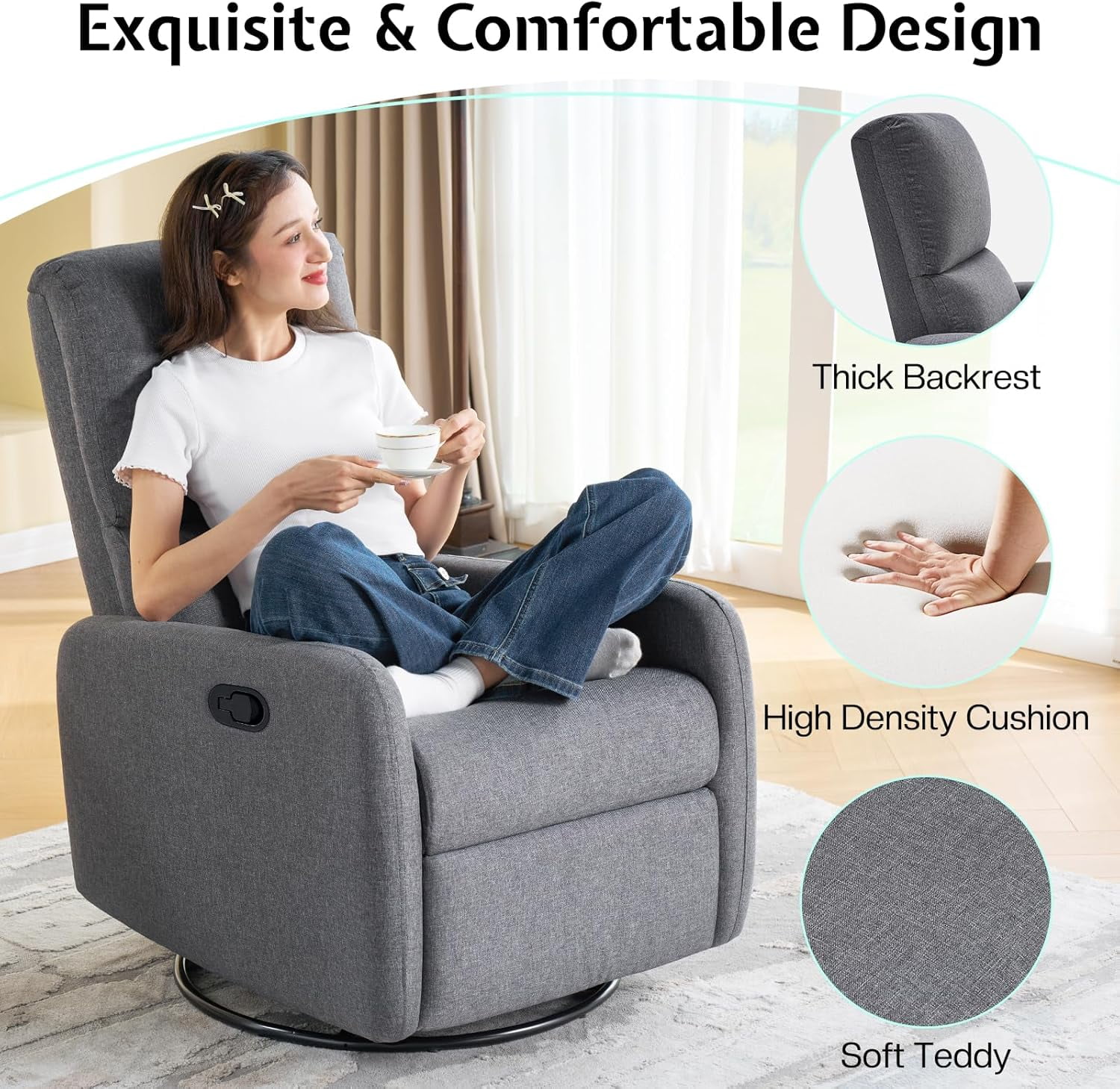 Jocisland Swivel Glider Rocking Recliner Chair for Adults, Nursery Rocker Reclining,  Upholstered Single Sofa Armchair for Living Room Bedroom Nursing, Linen Gray