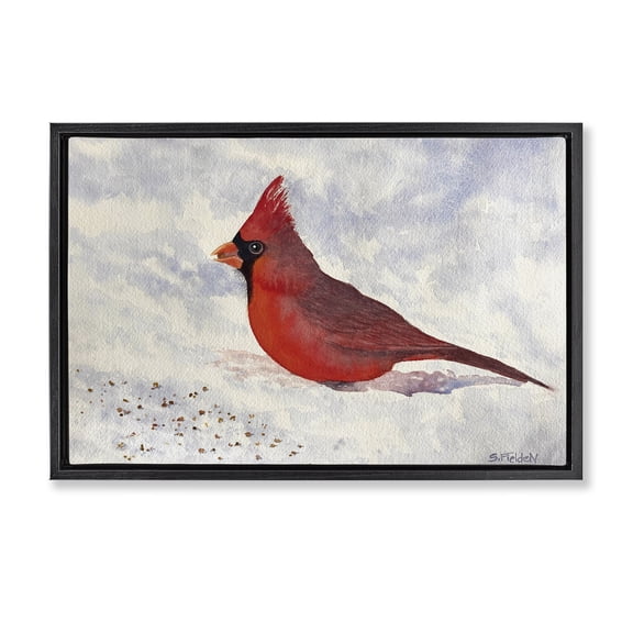 Stupell Industries Rustic Lodge Red Cardinal in Snow Black Floating Frame Canvas Art, 25 x 17, by Stephanie Fielden