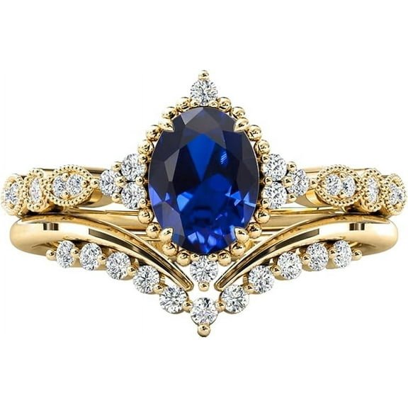 Gems Jewels 925 Sterling Silver 2.00 Ct Oval Cut Sapphire & White Diamond Wedding Valentine's Anniversary Christmas Bridal Ring Set 14K Yellow Gold Plated For Women's -5.5