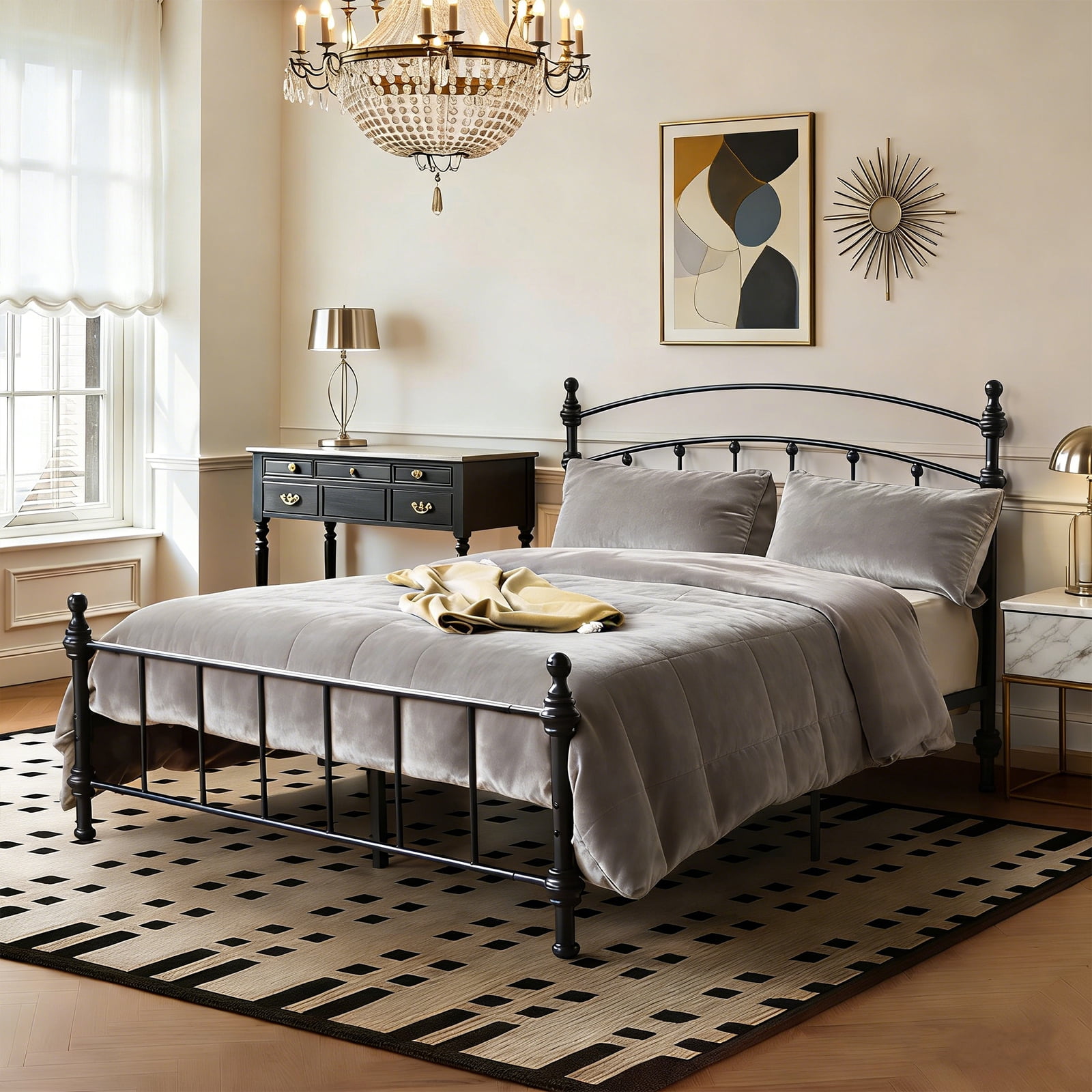 KATHY&BOB Queen Size Metal Bed Frame with Arched Headboard, Retro Luxury Roman Column, Sturdy Heavy Duty Bed Frame with Storage Space Under-bed, Easy Assembly, No Box Spring Needed (Arched, Queen)