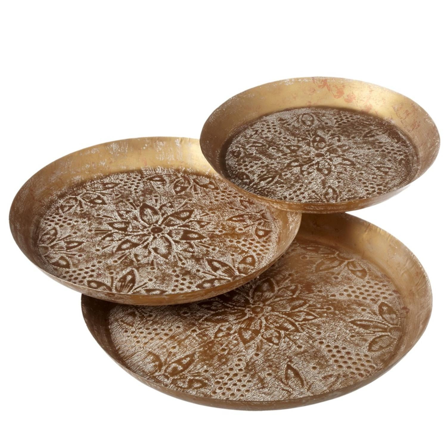 Set of 3 Whitewash and Gold Etched Decorative Round Metal Trays 22