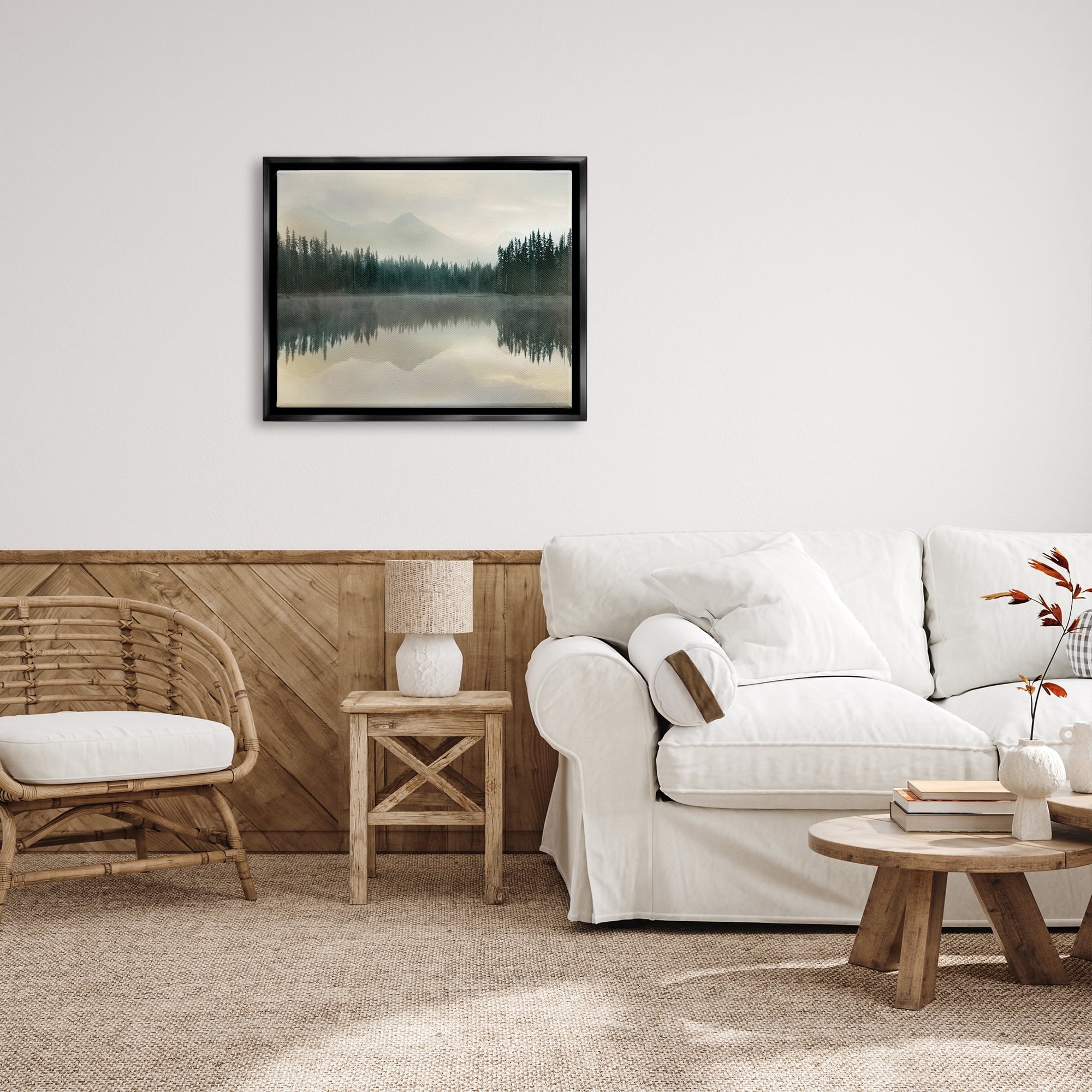 Stupell Industries Foggy Lake Forest Landscape Soft Nature Water Reflection Jet Black Framed Floating Canvas Wall Art, 24x30, by Danita Delimont