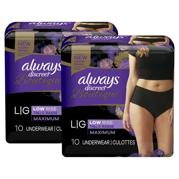 Always Discreet Boutique Low-Rise Incontinence & Postpartum Underwear L Maximum Absorbency Black, 20 Count
