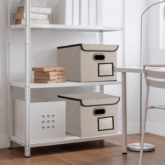 Organizer Box with Lid, Collapsible File Folder Organizer with Plastic Slide, Hanging File Folder Box for Office Document Storage (2 Pack, Beige)