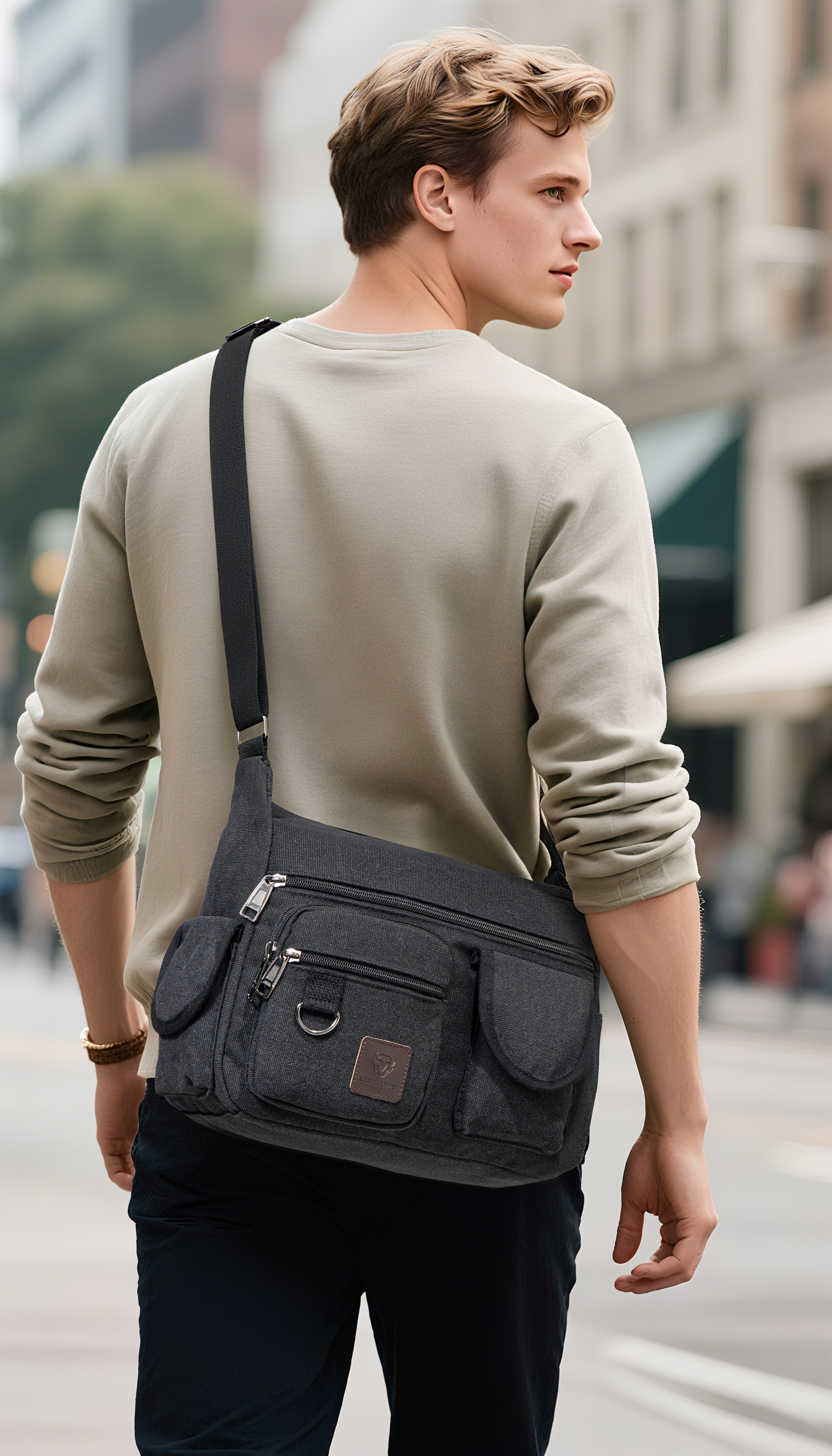 LEBULLBRO Canvas Messenger Bag for Mens Womens Multi-pockets 13 inch Laptop Shoulder Sling Bags School Crossbody Bags Travel Black