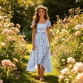 thumbnail image 6 of SGFCWSX Girls Floral Dress Square Neck Flutter Sleeve High Low Belted Summer Beach Dresses for Teens Blue Size 13, 6 of 8
