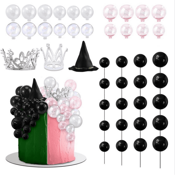 43 Pcs Witch Theme Party Supplies Green and Pink Balloons Cake Topper Mini Balloons, Silver Plastic Crown, Broom and Black Witch Hat for Princess Birthday Cake Decor