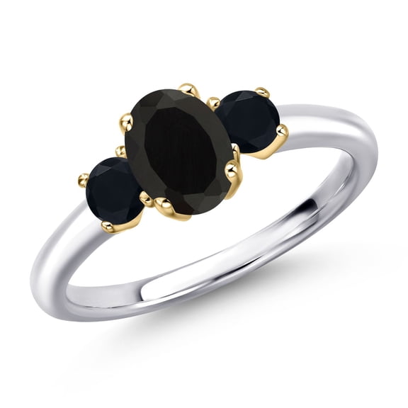 Gem Stone King 925 Silver and 10K Yellow Gold Black Onyx Engagement Ring for Women | 0.96 Cttw | Oval 7X5MM | Gemstone December Birthstone | Size 6