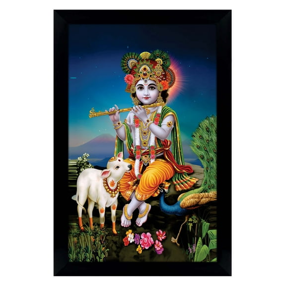IBA Indianbeautifulart Lord Krishna Picture Frame Religious Poster Black Wall Frame Deity Photo Frame Wall Decor For Home/ Office/ Temple-6 x 8 Inches