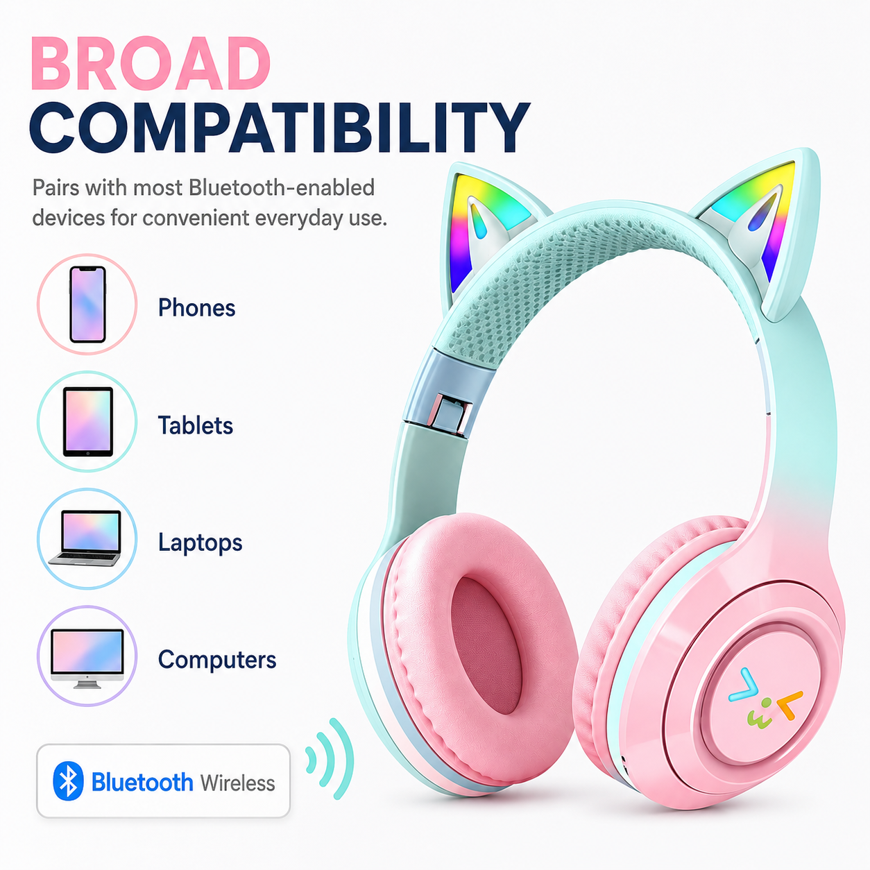 RNKR Kids Wireless Cat Ear Headphones with LED Lights, Pink photo 8